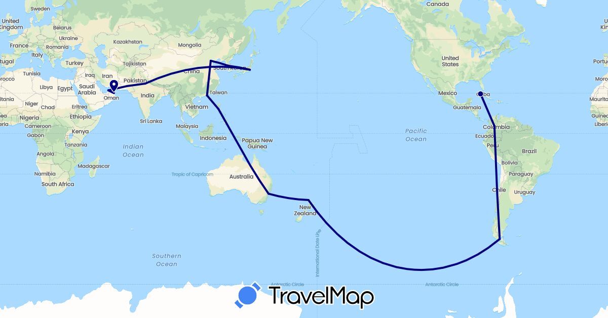 TravelMap itinerary: driving in United Arab Emirates, Australia, Chile, China, Colombia, Cuba, Hong Kong, India, Japan, South Korea, New Zealand, Oman, Philippines (Asia, North America, Oceania, South America)